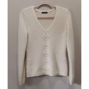 Alexandra Bartlett Sweater Medium V Neck Cable Knit Soft White